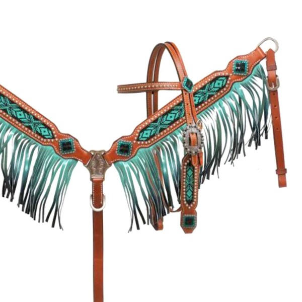 Bridle Breast Collar Headstall Tack Set Horse - Beaded headstall breast collar bridle set with ombre fringe Teal. Tack for cowboy cowgirl!