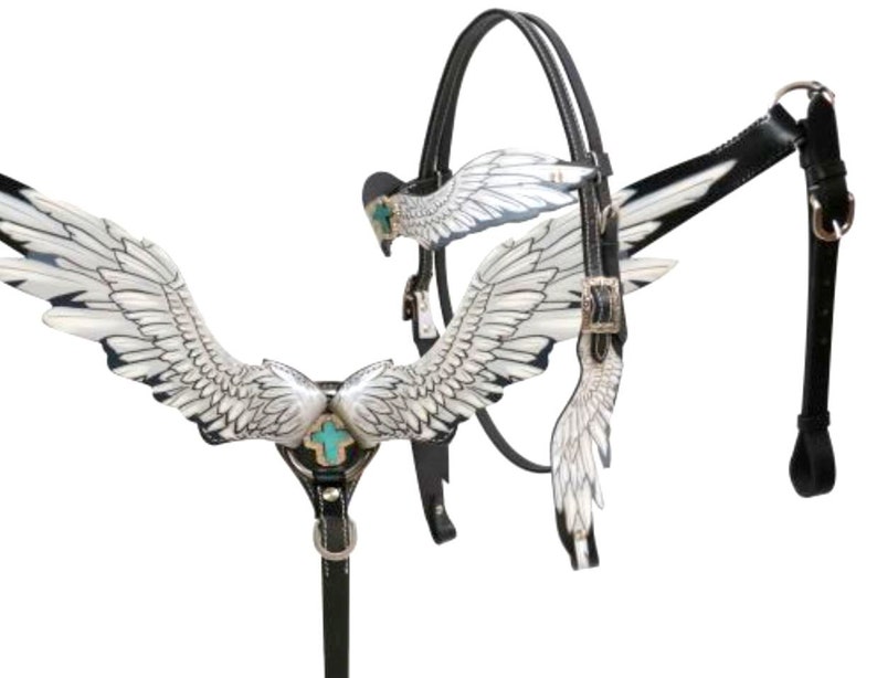 Horse - Angel wing headstall and breast collar bridle set with turquoise stone cross. Tack for your cowboy cowgirl! 