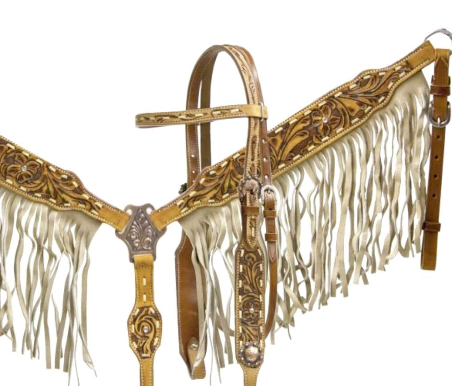 Showman Leather Headstall & Breast Collar Set W/ Painted Feathers & Fringe
