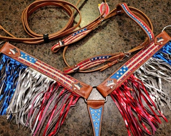Bridle Breast Collar Headstall Tack Set Horse - Painted American Flag bridle tack set with fringe. Tack for your cowboy cowgirl!