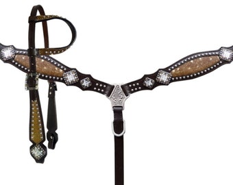 Bridle Breast Collar Headstall Tack Set Horse Cowhide Inlay 