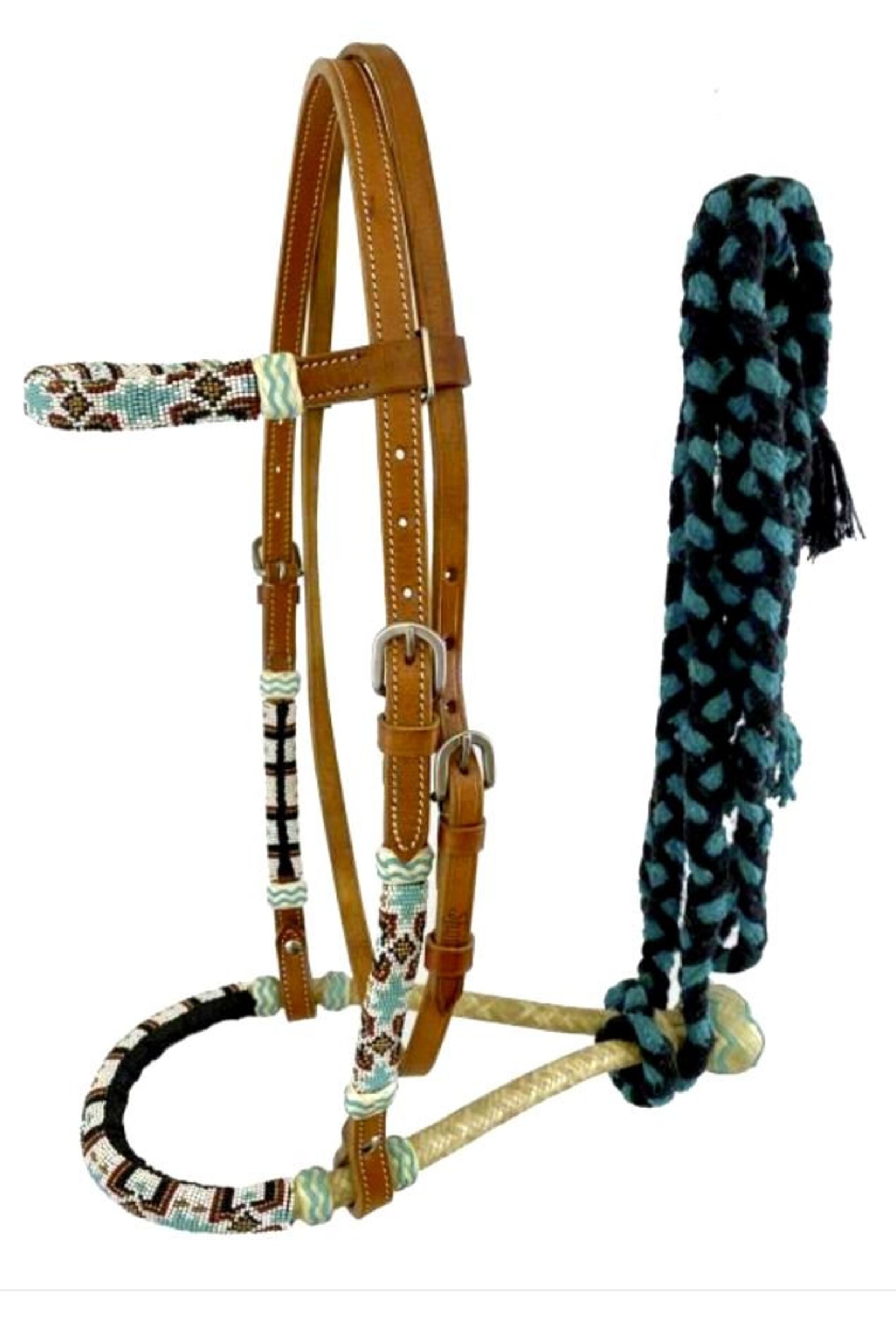 Horse Leather Bosal Headstall With Southwest Design Beaded Overlays and