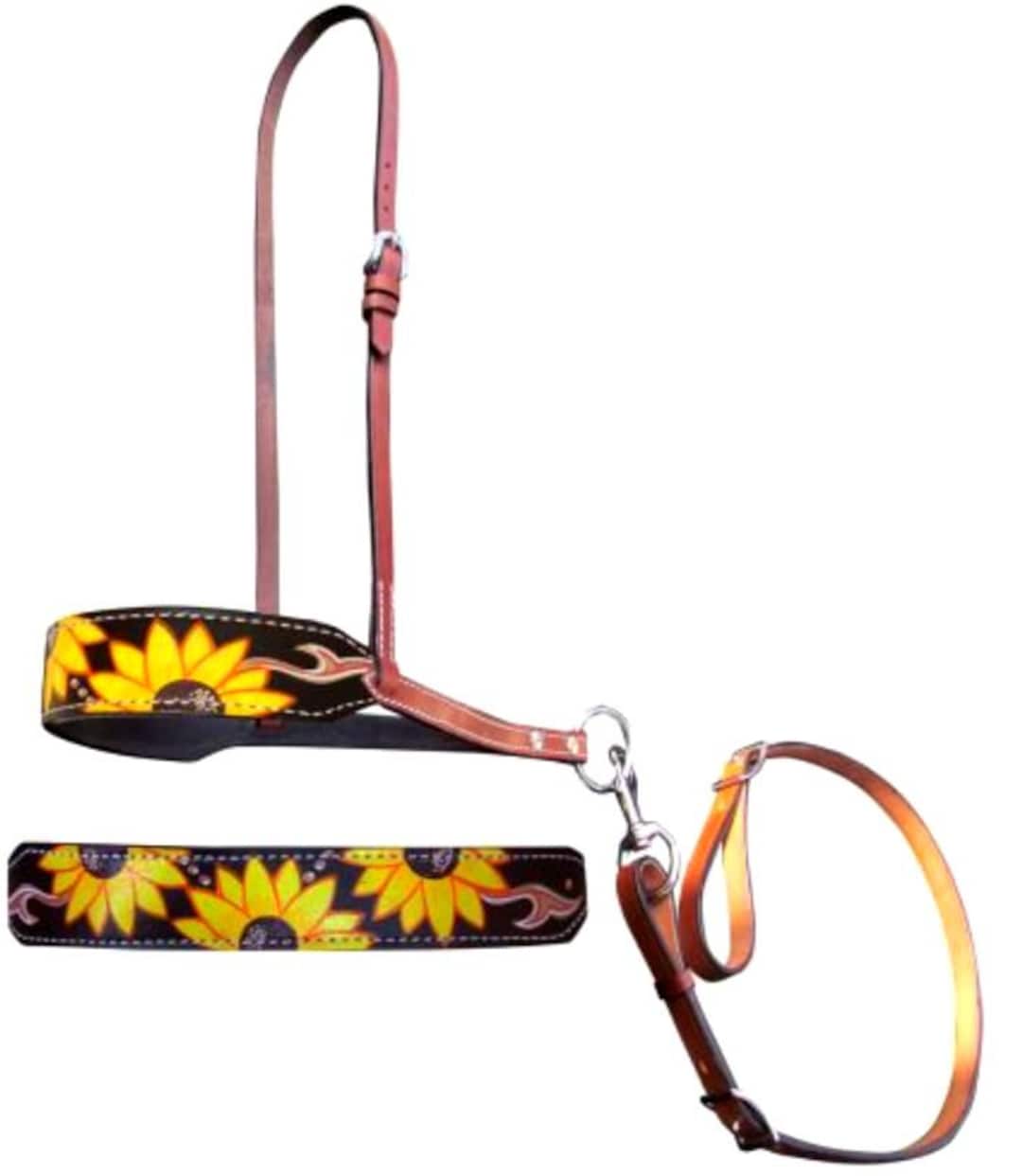 Showman ® Leather noseband and tiedown with sunflower and cheetah printed leather nose main image 1