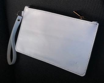 Unisex White Leather Wristlet Clutch - Elegant Compact Wallet - Leather Wristlet Wallet - Custom Dimensions Available