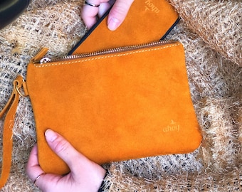 Leather Clutch, Wristlet Wallet, Suede Leather Clutch, Orange Leather Wristlet Clutch for Women, Men, Custom Dimensions