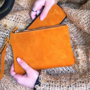 Cartera de mano de cuero, cartera de mano, cartera de mano de gamuza, cartera de mano de cuero naranja para mujer y hombre, dimensiones personalizadas