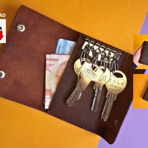 PATRÓN PDF Estuche delgado de cuero para llavero con 2 ranuras para tarjetas, 6 ganchos para llaves con hebilla para colgar, llavero con tarjetas, billetera con llavero con múltiples bolsillos