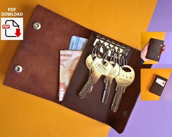 Pdf PATTERN Slim Leather Keychain Case with 2 Card Slots, 6 Hanging Buckle Key Hooks, Key Holder with Cards, Multiple Pouch Keyring Wallet