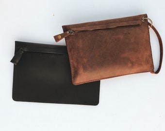 Leather Clutch, Leather Wristlet Wallet, Unisex Leather Clutch, Brown Wristlet for Women-Men, Custom Dimensions Available