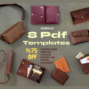 Lot de 8 modèles de produits en cuir PDF, 4 porte-cartes, étui à passeport, organiseur de clés, étui à stylos, motif de sac banane