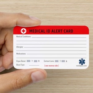 5 pk Tarjeta de billetera de identificación de alerta médica de emergencia -etiquetas de equipaje Personalice sus propias condiciones médicas, medicamentos, alergias y contactos de emergencia