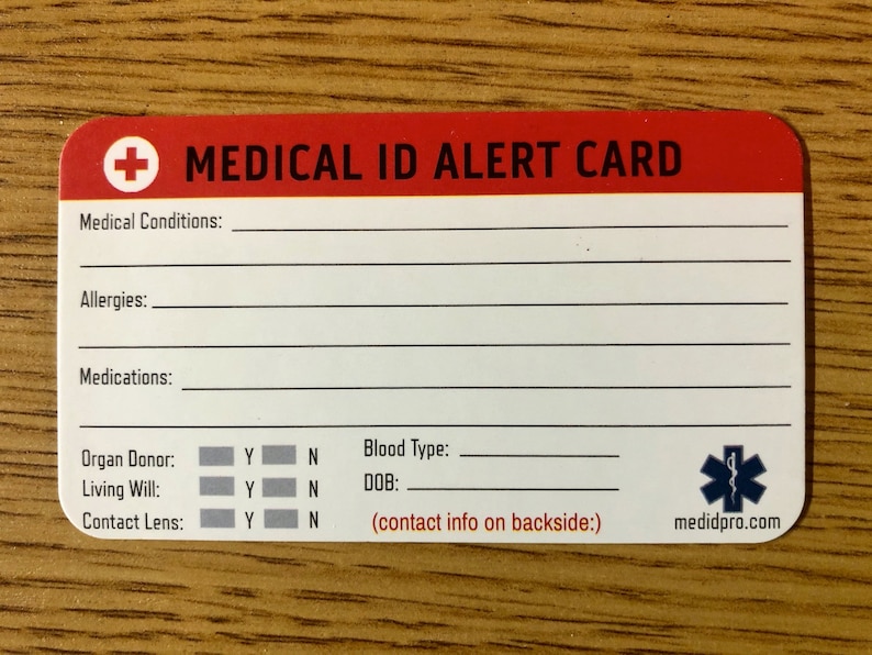 1 Pk Emergency Medical Alert ID Wallet Card luggage Tags Personalize