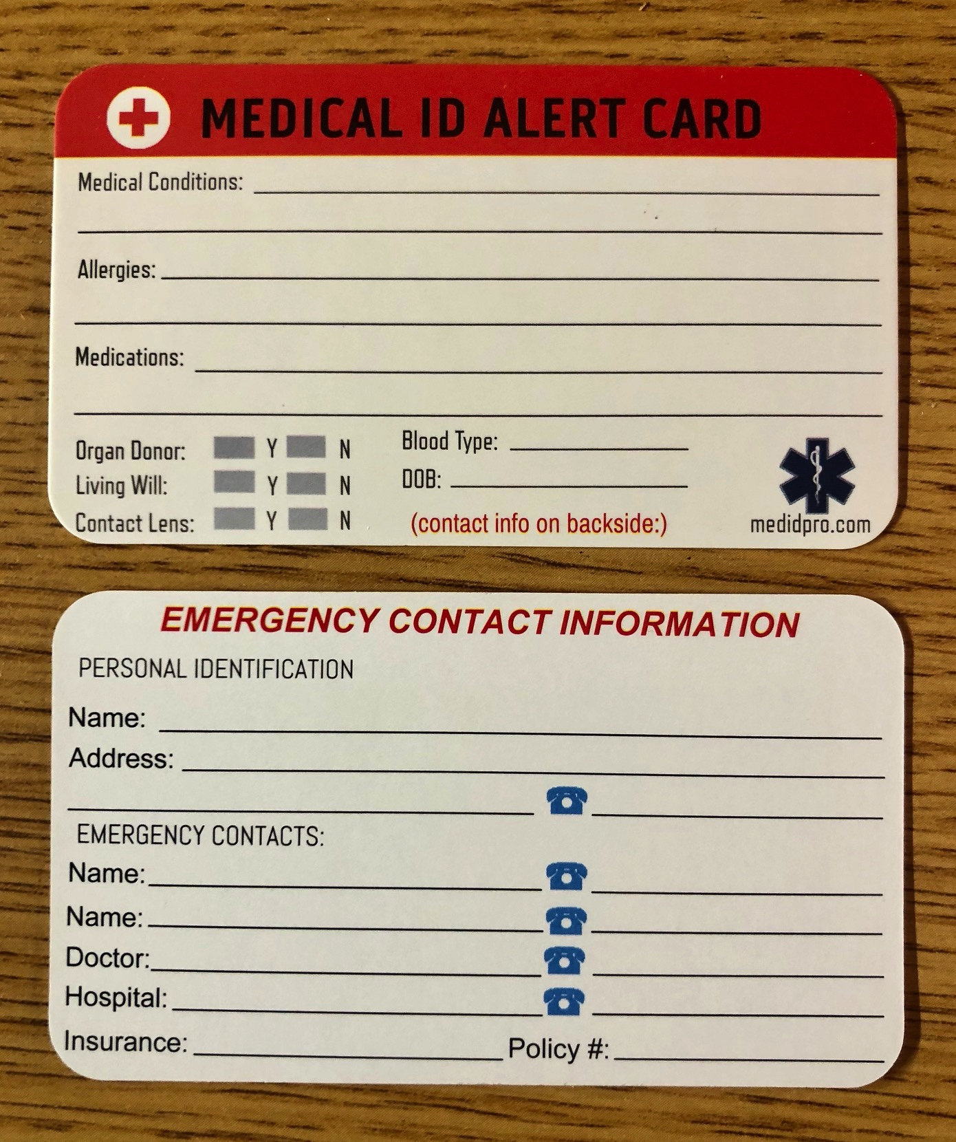 1 Pk Emergency Medical Alert ID Wallet Card luggage Tags Personalize
