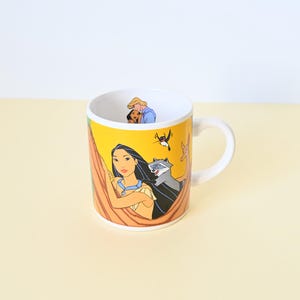 Pocahontas Mug, John Smith and Meeko, Disney, Yellow, Vintage, Ceramic