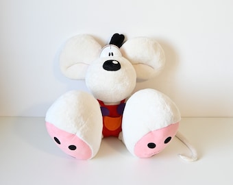 Vintage giant Diddl plush toy in red overalls