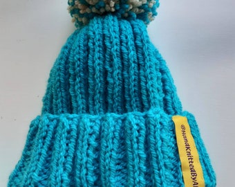 Kids (2-5) Marine Blue Bobble Hat | Hand knitted with matching Blue and Cream bobble