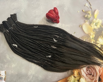 Thin Synthetic Dreads: Black Fishtail Style with Free Beads