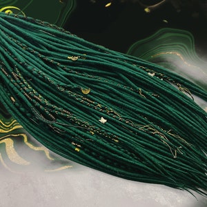 Dreadlocks wool dark emerald gold beads, natural bone beads, gold bandage, black threads, leather cord viking boho style