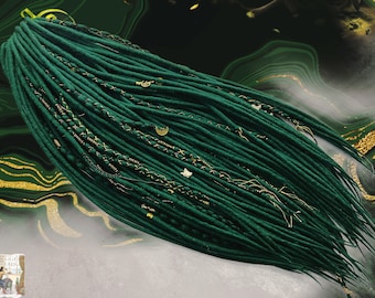 Dreadlocks wool dark emerald gold beads, natural bone beads, gold bandage, black threads, leather cord viking boho style