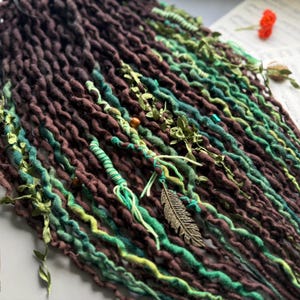 Curly Wool Dreads - Ombre Chocolate and Moss Green with Wooden Beads