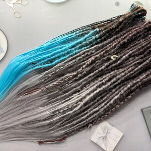 Ombre Synthetic Dreads: Brown, Light Gray & Blue Braid Hair Extensions