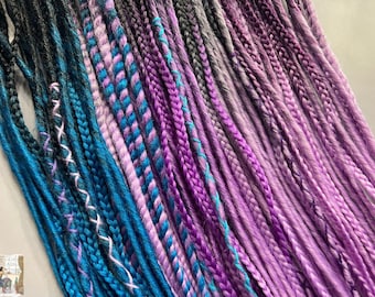 Synthetic Dreads: Black Azure and Violet Shades - Braided Ends, Beads