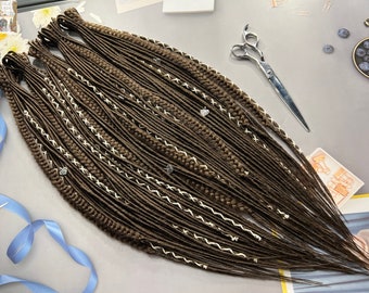 Thin Brown Synthetic Dreads: Fishtail Braids with Heart Beads