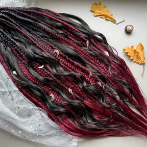 Curly Dreads Set: Ombre Black and Dark Red Hair Extensions (Full Head)