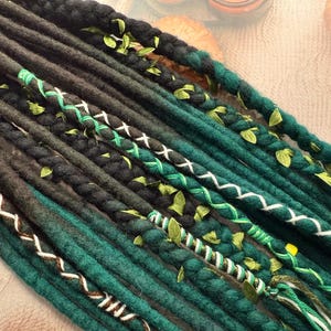 Wool Dreadlocks: Dark Brown, Emerald Green, and White Braids