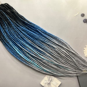 Thin Twisted Synthetic Dreads: Black-Blue-Gray Boho Locs