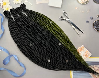 Ombre Synthetic Dreads, Black to Olive, Thin Twists (Long with Beads)