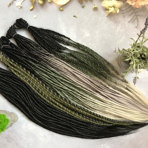 Thin synthetic dreadlocks + braids + senegals all with loose ends black-green-gray ombre Double ended or Single ended Fake dreadlocks set
