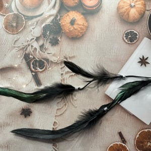 Viking Feather Hair Clip: Black & Green Shimmer, Wooden Beads