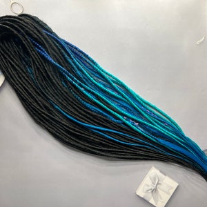 Thin synthetic dreads + senegals + braids black solid, blue on turquoise ombre, Black on azure ombre, sea wave boho