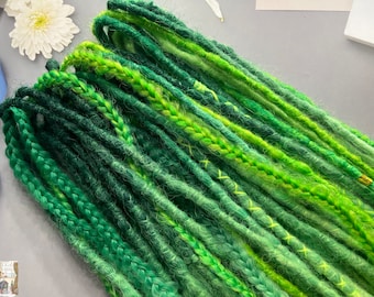 Synthetic Dreadlocks: Ombre Green Fishtail Braids (Yarn Wrapped, Loose Ends)