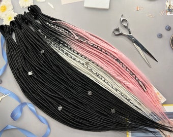 Thin synthetic twisted dreadlocks + fishtail braids, black, black and white ombre, black and light pink ombre bandage and beads as a gift