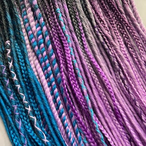 Thin synthetic dreads + braids + senegals black-azure sea wave, black-violet-violet, black-violet bandage and beads as a gift boho