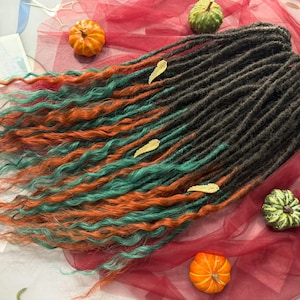 Synthetic dreadlocks hand made transition to curls ombre dark brown natural black emerald forest green red ginger beads pendants gold wings