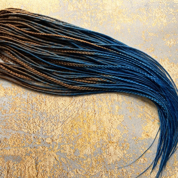 Thin twisted synthetic dreads + braids ombre brown chestnut on blue Fake dreadlocks set bright