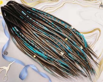 Handmade Wool Dreadlocks, Brown and Blue with Beads (Lightweight, Soft)