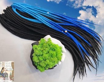 Rastas de lana ombre negro + ombre azul claro sobre azul Extensiones de rastas de merino falso suave de doble extremo conjunto completo boho