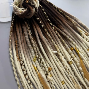 Merino Wool Dreadlocks: Brown, Blonde Braids with Feathers & Beads