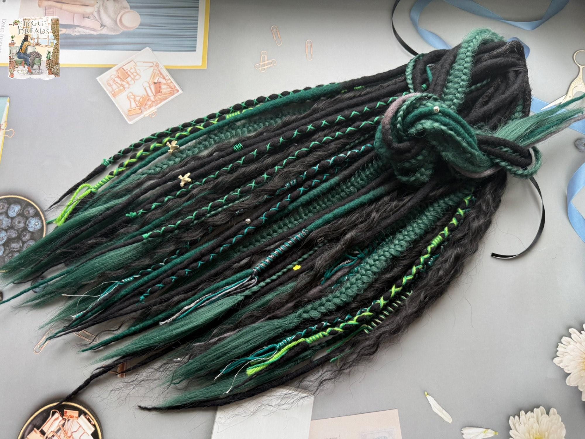 Knotty black green ombre dreadlocks with dread tie Forest Green & Black Ombre Dreads | Thin Fishtail Braids  main image 2