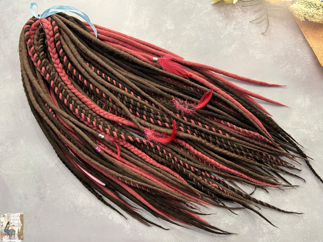 Wool Dreadlocks Twists Twists Feathers Shades of Brown and Pink Cedar