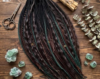 Witchy Black Brown Micro Wool Dreads Mix, Boho Curls & Green Accents