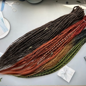 Mix of structure dreadlocks + fishtail braids brown ombre terracotta red on ginger red ombre black on sugar blonde ombre black olive green