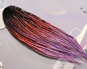 Dünne Synthetik-Dreads mit geflochtenen Enden ombre schwarz-himbeer-violett violett, lavendel, rot, pink, lila Gefälschte helles Boho