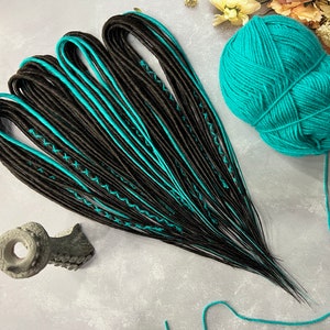 Black & Turquoise Thin Synthetic Dreads: SE/DE Fake Dreadlocks Extensions