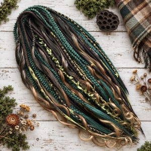 May include: A set of synthetic hair extensions featuring a mix of dark brown, forest green, and light blonde strands. The collection includes various textures such as smooth dreadlocks, thick braids, and loose wavy sections adorned with small green leaf accents.