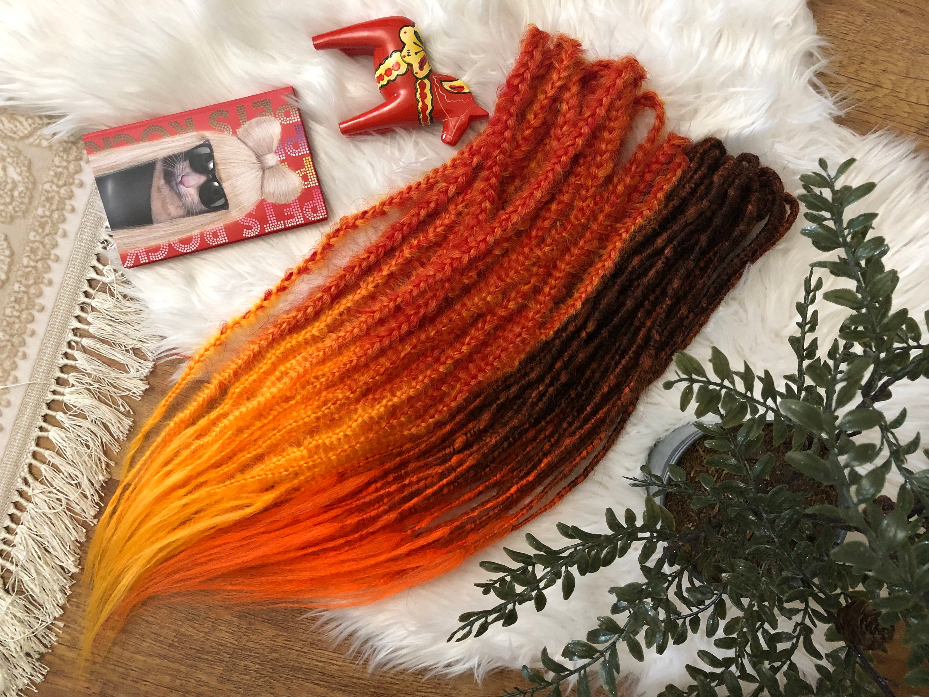 Mix Of Braids & Dreadlocks Blend By Hand Red To Orange Natural Black Bright Double Ended Single Set